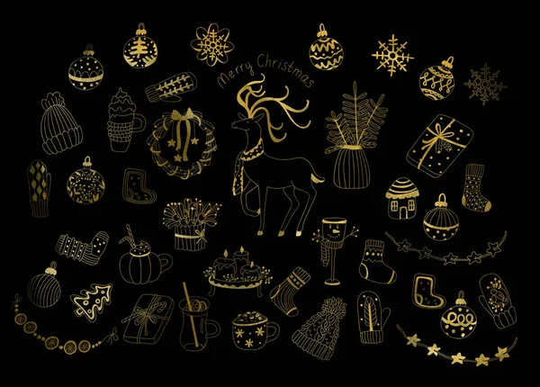 Decorações Natal Dourado Definido Estilo Doodle Velas Bonitas Bandeja Caixa — Fotografia de Stock