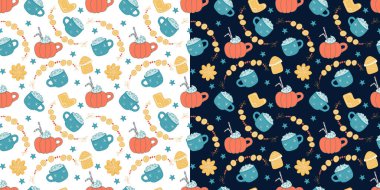 Noel ekmekleri, kapuçino kupaları, koyu ve beyaz çelenkler ile iki tane pürüzsüz desenli set. Renkli karalama vektörü. Xmas kumaşları, ambalaj kağıtları, örtüler, çocuklar ve bebek kıyafetleri için harika..