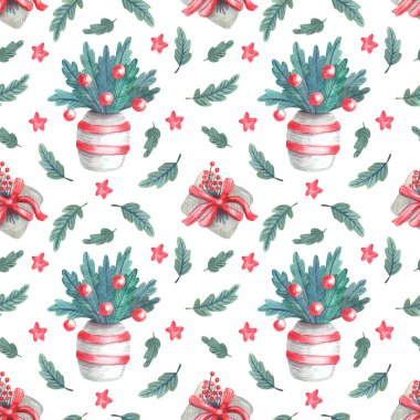 Suluboya desenleri, hediye kutuları, kurdele yayları ve beyaz vazolarda köknar dalları. Noel tekstili. Kumaşlar, ambalaj kağıtları, kapaklar, Xmas tasarımı için harika. Kırmızı ve yeşil.