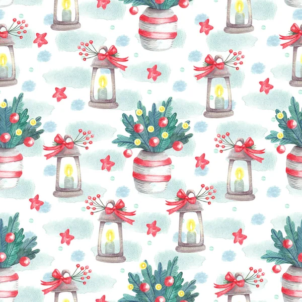Watercolor seamless pattern with lanterns with ribbon bows and fir branches in vases on white. Christmas textile. Great for fabrics, wrapping papers, covers, Xmas design. Red, yellow and green colors.