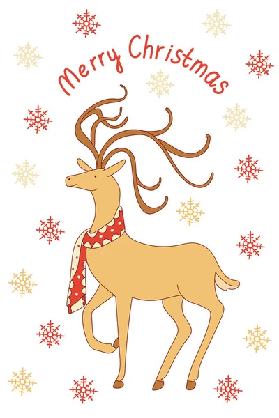 Christmas Greeting Card Magic Deer Snowflakes Vector Hand Drawn Illustration — Stock Vector