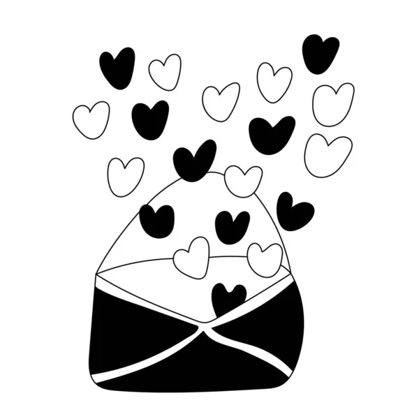 包裹着心形的爱的信息 情人节的装饰 用于海报和贺卡设计的矢量涂鸦插图被隔离在白色上 黑色轮廓 — 图库矢量图片