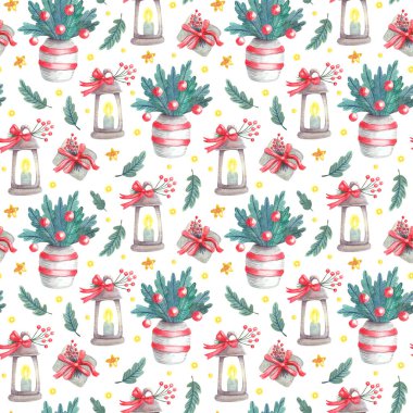 Fenerli dikişsiz Noel suluboya deseni, kurdeleli hediye kutuları, beyaz vazolarda köknar dalları. Xmas kumaşları, ambalaj kağıtları, kapaklar için harika. Kırmızı, sarı ve yeşil renkler.