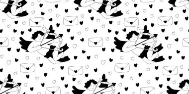 Küpler, zarflar ve kalplerle süslenmiş kusursuz desen. Sevgililer günü dekoru. Kumaşlar, ambalaj kağıtları, duvar kağıtları, örtüler için harika. Doodle biçimi illüstrasyon siyah özet.