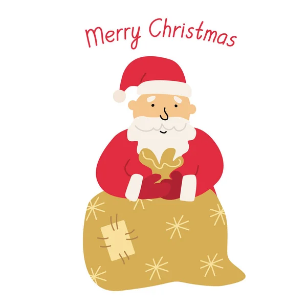 Greeting Card Cute Santa Bag Gifts Flat Cartoon Style Merry — Stock Vector