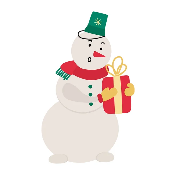 Cute Funny Surprised Snowman Gift Box Flat Cartoon Style Vector — Vector de stock