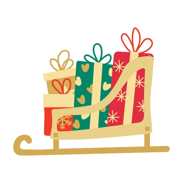 Christmas Santa Sleigh Gift Boxes Decorated Snowflakes Hearts Strips Bows — Vector de stock