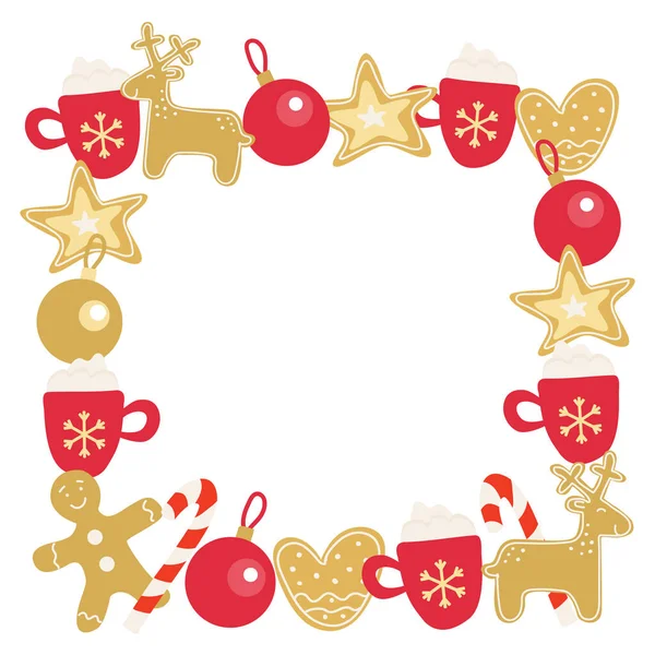 Square Frame Christmas Balls Gingerbread Mugs Coffee Whipped Cream Hand — Vector de stock