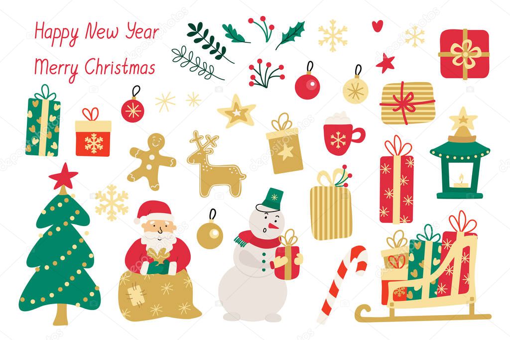 Set with Christmas presents, gingerbread, drinks, gift boxes, snowman, Santa and fir-tree. Hand drawn vector illustration and lettering isolated on white. Great for Xmas card and poster design. 