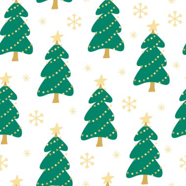 Vector hand drawn seamless pattern with  snowflakes and Christmas trees decorated with big golden stars and garlands on white. Yellow and green colors. Great for fabrics, wrapping papers. Xmas design 