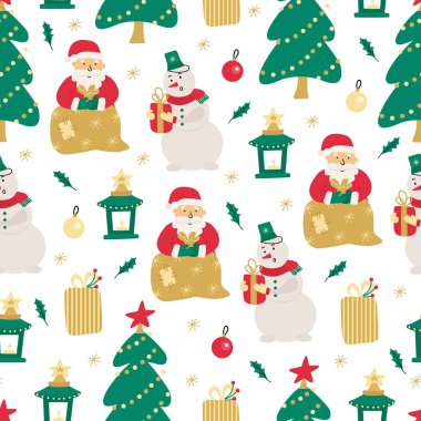 Noel Baba 'nın çantasında, kardan adamında, hediye kutularında, fenerlerde ve beyaz arka planda Noel ağaçlarında kusursuz desenler var. Kumaşlar, ambalaj kağıtları, kapaklar için harika. El çizimi düz illüstrasyon.