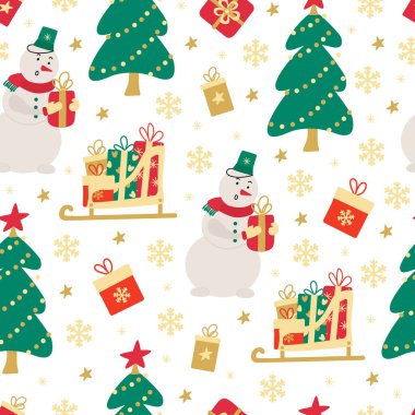 Kardan adam, kar taneleri, Noel Baba 'nın kızağı, hediye kutuları ve beyaz arka planda Noel ağaçları olan Xmas vektör desenleri. Kumaşlar, ambalaj kağıtları, kapaklar için harika. El çizimi düz illüstrasyon.
