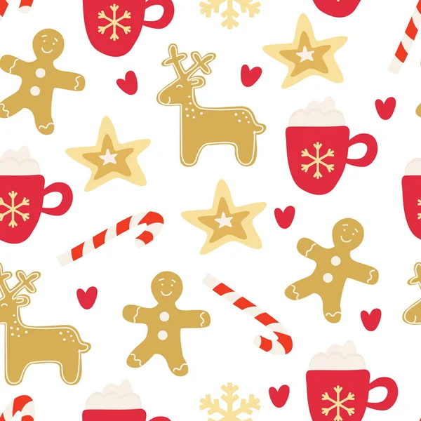 Patrón Sin Costura Vectorial Con Pan Jengibre Navidad Taza Capuchino — Archivo Imágenes Vectoriales