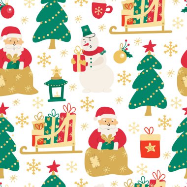Noel Baba, kardan adam, hediye kutuları ve beyaz arka planda Noel ağaçları olan kızaklar. Kumaşlar, ambalaj kağıtları, kapaklar için harika. El çizimi düz illüstrasyon.