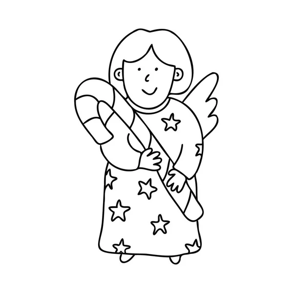 Malaikat Kecil Lucu Ceria Dengan Tongkat Permen Dalam Gaya Sketsa - Stok Vektor