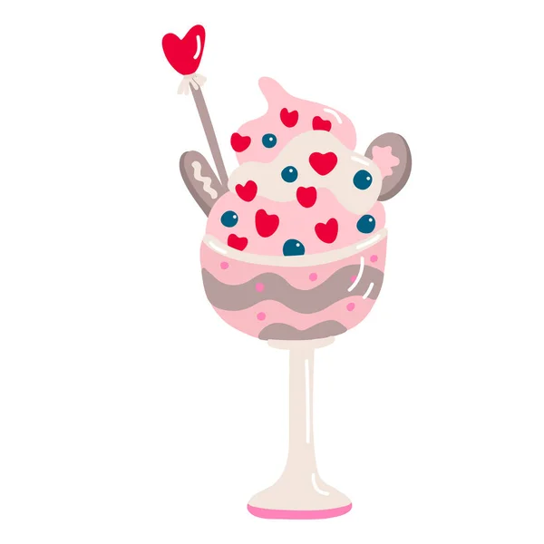 用奶油和红心在圣代杯子 碗中装饰的甜点 情人节的装饰 用于海报和贺卡设计的矢量插图被隔离在白色上 手绘扁平风格 — 图库矢量图片