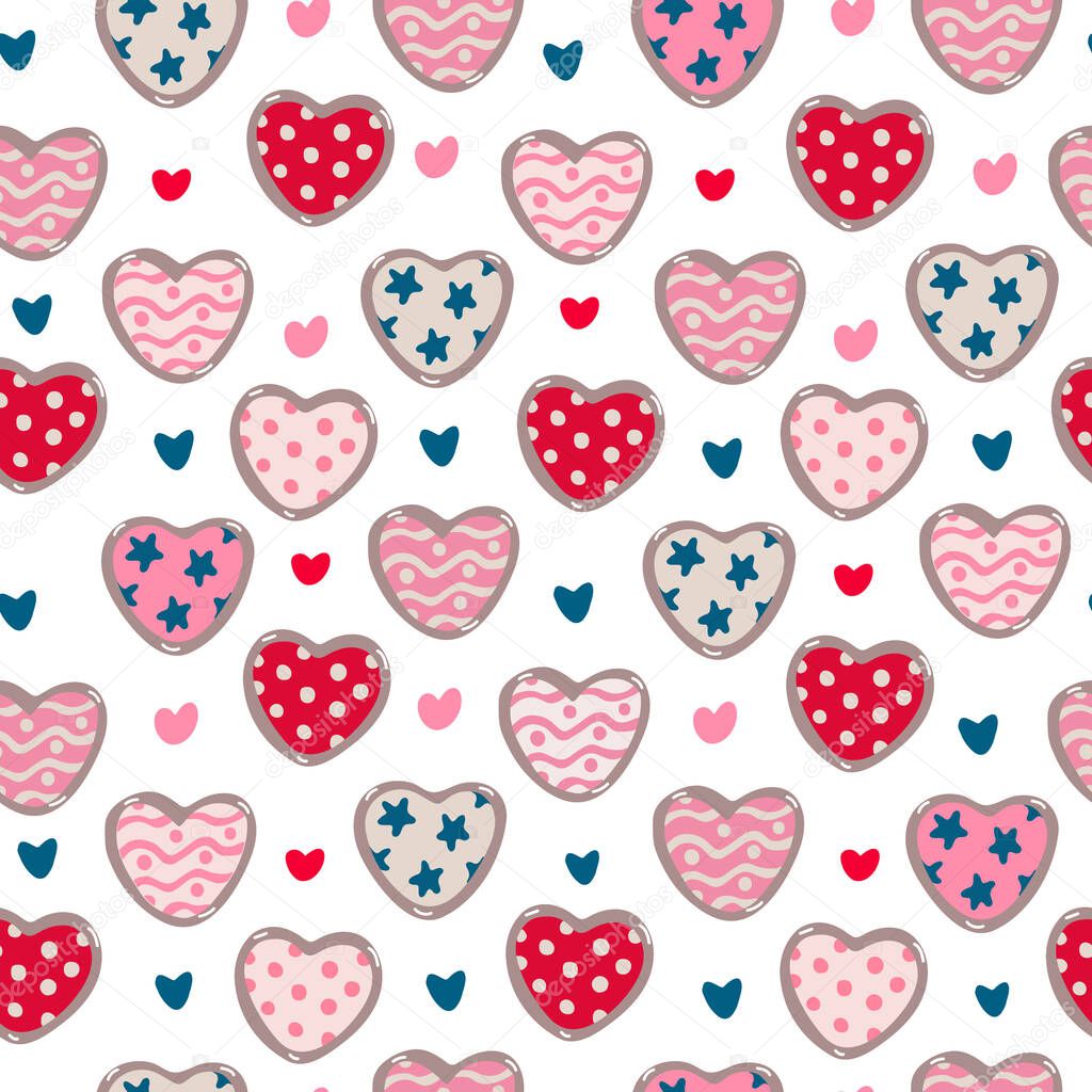 Vector seamless pattern with heart shaped cookies or biscuits with patterns for Valentine's day, wedding on white. Great for fabrics, wrapping papers, wallpapers, covers. Pink, red, indigo colors.