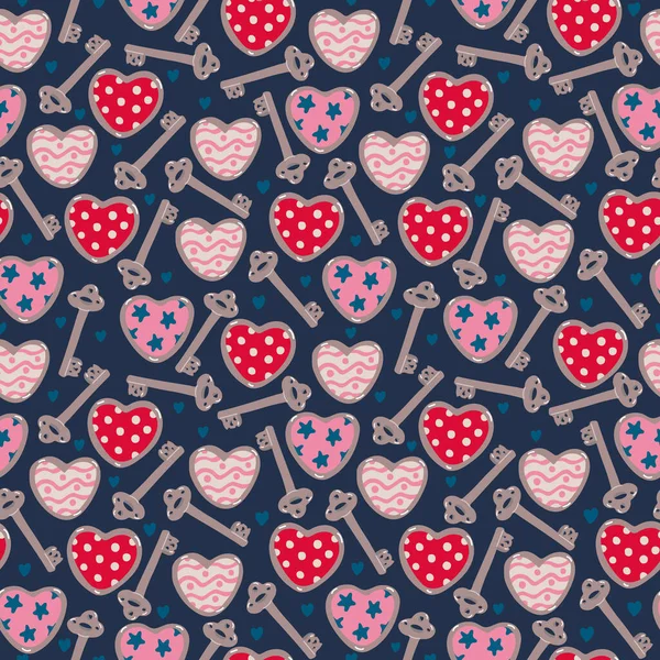 ヴィンテージキーとバレンタインデーのパターンで飾られた心とベクトルシームレスなパターン ネイビーブルーの結婚式 包装紙 カバーに最適です ピンク — ストックベクタ