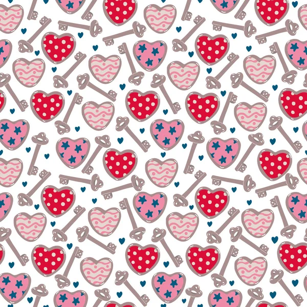 バレンタインデーのためのパターンで飾られたヴィンテージキーと心を持つベクトルシームレスなパターン 白で結婚式 包装紙 カバーに最適です ピンク — ストックベクタ