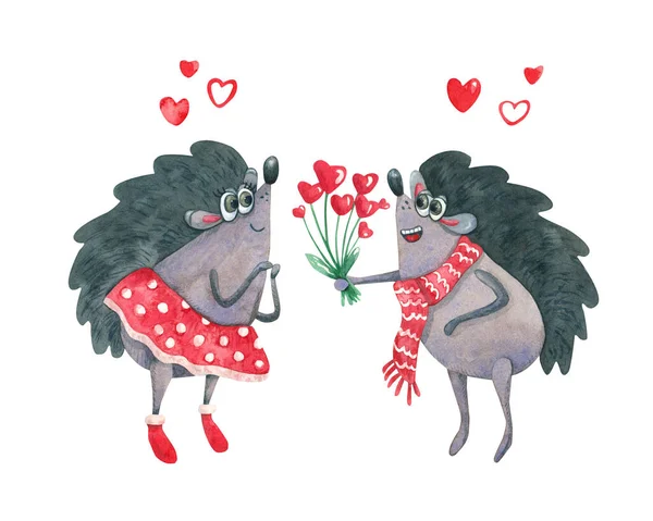 Tarjeta Felicitación Del Día San Valentín Con Lindos Erizos Divertidos — Foto de Stock