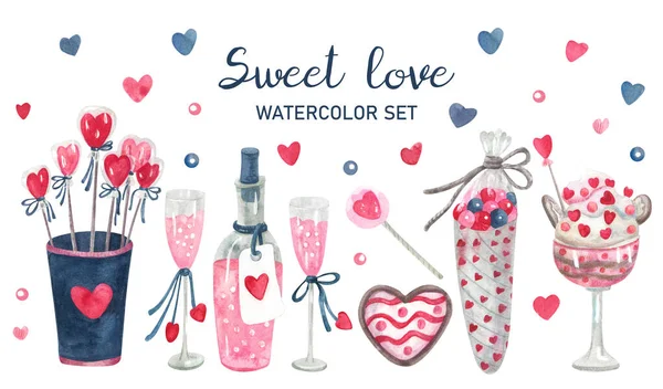バラのシャンパン 甘い食べ物 心で飾られたキャンディーのイラストが描かれた水彩セット バレンタインデーの装飾は白で隔離された ポスターやグリーティングカードのデザインのため ピンクと藍 — ストック写真