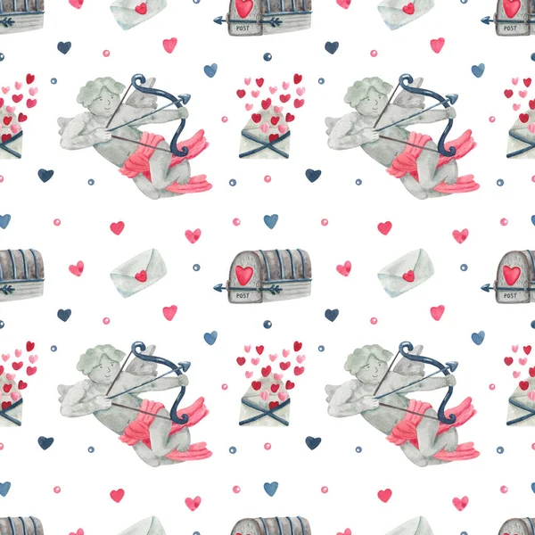 Watercolor vintage seamless pattern with cupids, mailboxes, love letters and hearts for Valentine\'s day or wedding. Great for fabrics, wrapping papers, wallpapers, covers. Pink, red and indigo colors.
