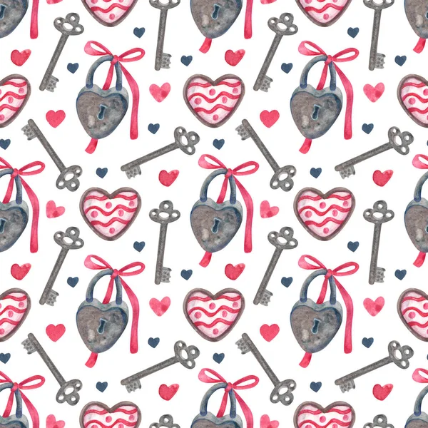 南京錠 バレンタインデーや結婚式のための心と水彩ヴィンテージシームレスパターン 包装紙 カバーに最適です ピンク — ストック写真