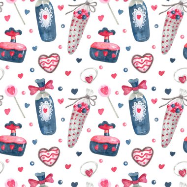 Tatlı, parfüm, Sevgililer Günü için mücevher yüzükler, düğün. Şeker, kalp, lolipop. Kumaşlar, ambalaj kağıtları, duvar kağıtları, örtüler için harika. Pembe, kırmızı ve çivit rengi.