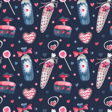 Şekerli suluboya desenli, parfümlü, Sevgililer Günü 'nde karanlıkta takılacak mücevherli yüzüklü. Şeker, kalp, lolipop. Kumaşlar, ambalaj kağıtları, duvar kağıtları, örtüler için harika. Pembe, kırmızı ve çivit rengi.