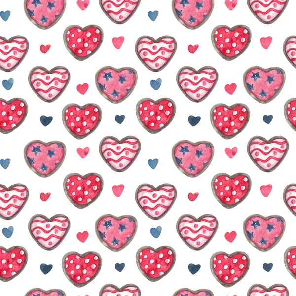 Watercolor seamless pattern with heart shaped cookies or biscuits with patterns for Valentine\'s day, wedding on white. Great for fabrics, wrapping papers, wallpapers, covers. Pink, red, indigo colors.