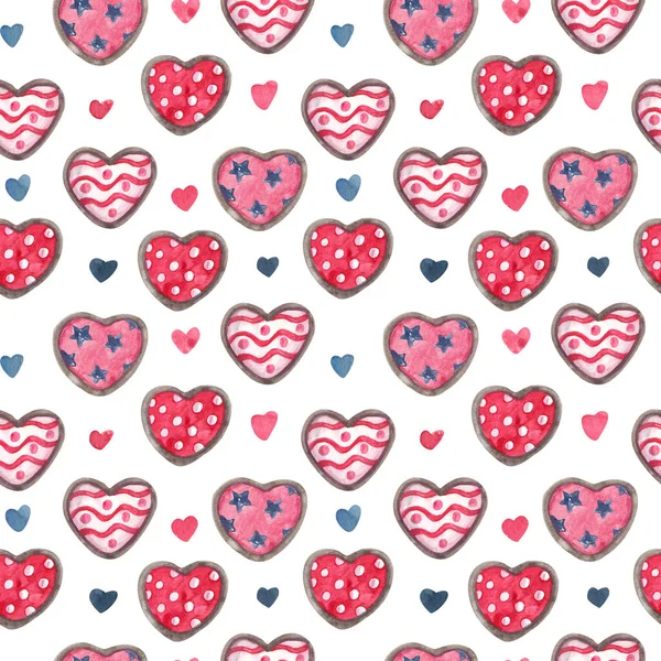 Watercolor seamless pattern with heart shaped cookies or biscuits with patterns for Valentine's day, wedding on white. Great for fabrics, wrapping papers, wallpapers, covers. Pink, red, indigo colors.