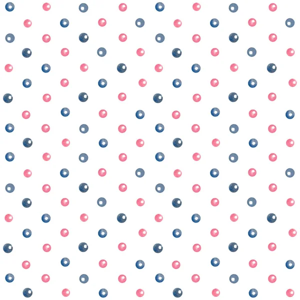 Watercolor seamless pattern with pearls or polka dots on white background. Great for fabrics, wrapping papers, wallpapers, covers. Hand painted illustration. Pink and indigo colors.