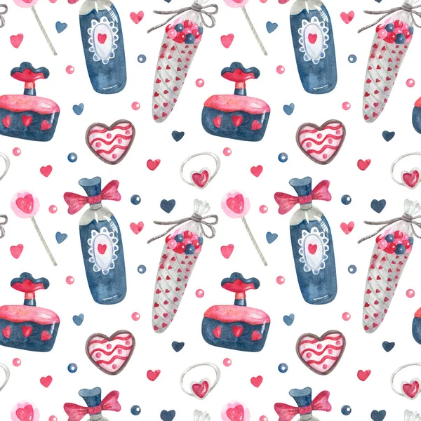 Watercolor seamless pattern with sweets, perfume, gem rings for Valentine\'s day, wedding. Candy, hearts, lollipops. Great for fabrics, wrapping papers, wallpapers, covers. Pink, red and indigo colors.