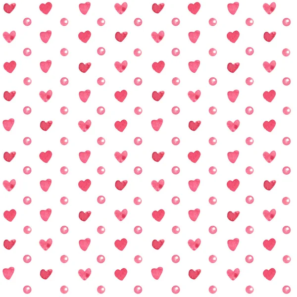 白を背景にピンクパールやポルカドットやハートで水彩色シームレスパターン 包装紙 カバーに最適です バレンタインデーの手描きイラスト — ストック写真