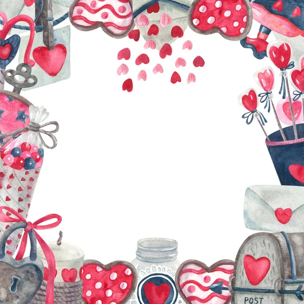 ヴィンテージ手描きスタイルでバレンタインデーの装飾と水彩フレーム ソーシャルメディアの正方形のフォーマット 白を基調としたイラスト スイーツ ハート ラブレター — ストック写真
