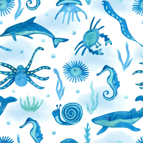 Watercolor seamless pattern with sea creatures on white. Nice blue color. Beautiful textile print. Great for fabrics, wrapping papers, wallpapers, linens, baby clothes. Hand painted illustration.