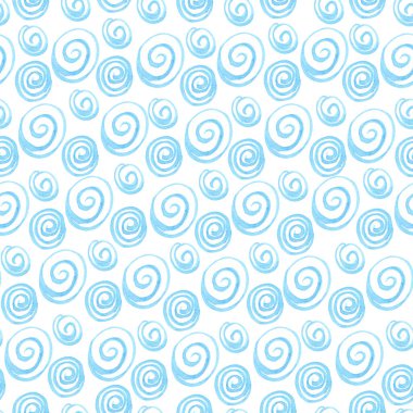 Beyaz üzerinde mavi kabuklar olan dikişsiz suluboya desen. Güzel tekstil baskısı. Kumaşlar, ambalaj kağıtları, duvar kağıtları, çarşaflar, bebek kıyafetleri için harika. Elle boyanmış resim.