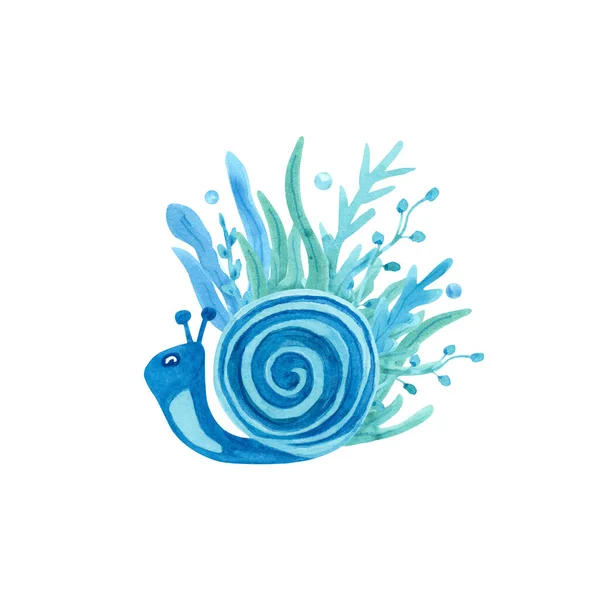 水彩画与蜗牛和海藻的白色背景 蓝色和绿松石色 海洋动物手绘插图 很适合海报 杯子装饰 剪贴等等 — 图库照片