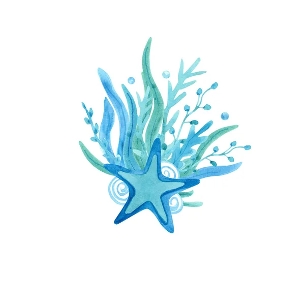 Watercolor Composition Starfish Seaweed White Background Blue Turquoise Colors Sea — Stock Photo, Image