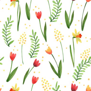 Bahar çiçekleriyle suluboya kusursuz desen. Narcissus, mimoza ve beyaz arka planda lale çiçekleri. Güzel tekstil baskısı. Kumaşlar, ambalaj kağıtları, duvar kağıtları, örtüler, çarşaflar için harika..
