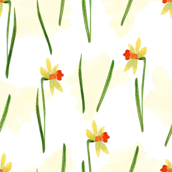 Spring seamless pattern with narcissus or daffodils flowers and watercolor spots on white  background. Beautiful textile print. Great for fabrics, wrapping papers, wallpapers, covers, linens.