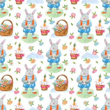 Suluboya yay pürüzsüz desen. Tatlı tavşanlar ya da çimenlerin üzerindeki tavşanlar renkli yumurtalar, paskalya pastaları ve çiçeklerle süslenmiş sepetler. Kumaşlar, ambalaj kağıtları, kapaklar için harika. Paskalya tasarımı.