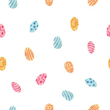Suluboya kusursuz desen. Renkli Paskalya yumurtaları desenlerle süslenmiş. Kumaşlar, ambalaj kağıtları, kapaklar için harika. Beyaz arkaplan.
