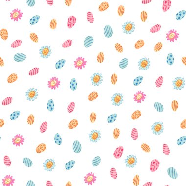 Çiçeksiz suluboya desen. Papatya çiçekleri, yapraklar ve renkli yumurtalar. Kumaşlar, ambalaj kağıtları, kapaklar için harika. Paskalya tasarımı. Beyaz arka plan. Pembe, mavi ve turuncu renkler.