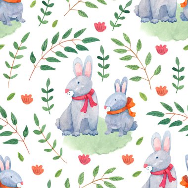 Tatlı Paskalya tavşanları ve yeşil yapraklı ağaç dalları olan suluboya yay deseni. Beyaz arka planda elle boyanmış resimler. Kumaşlar, ambalaj kağıtları, kapaklar için harika..