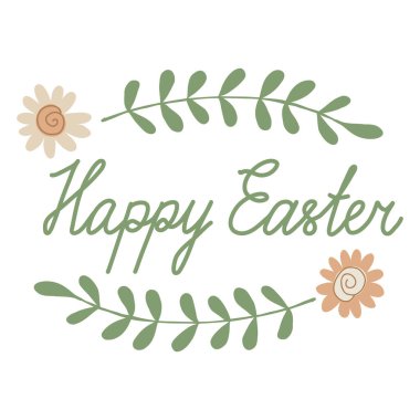 El yazısı, filizler ve papatya çiçekleriyle dolu mutlu Paskalya tebrik kartları. Vektör illüstrasyonu beyaza izole edildi. Yeşil ve bej renkler.