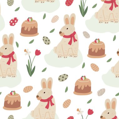 Yay pürüzsüz desen. Şirin Paskalya tavşanları ya da çimenlerin üzerindeki tavşanlar renkli yumurtalar, lale çiçekleri ve Paskalya pastaları. Kumaşlar, ambalaj kağıtları, kapaklar için harika. Vektör el çizimi resimleme.