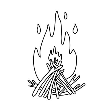 Kamp ateşi. Ateş alevi ve dallar. Beyaz arkaplanda karalama şeklinde el çizimi vektör çizimi. İzole edilmiş siyah çizgiler. Kamp ve turizm.