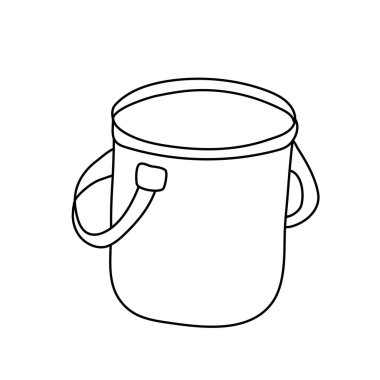 Kamp katlama kovası. Beyaz arkaplanda karalama biçiminde el çizimi vektör çizimi. İzole edilmiş siyah çizgiler. Kamp ve turizm ekipmanları.