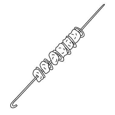 Şişte ızgara et ve soğan. Beyaz arkaplanda karalama biçiminde el çizimi vektör çizimi. İzole edilmiş siyah çizgiler. 